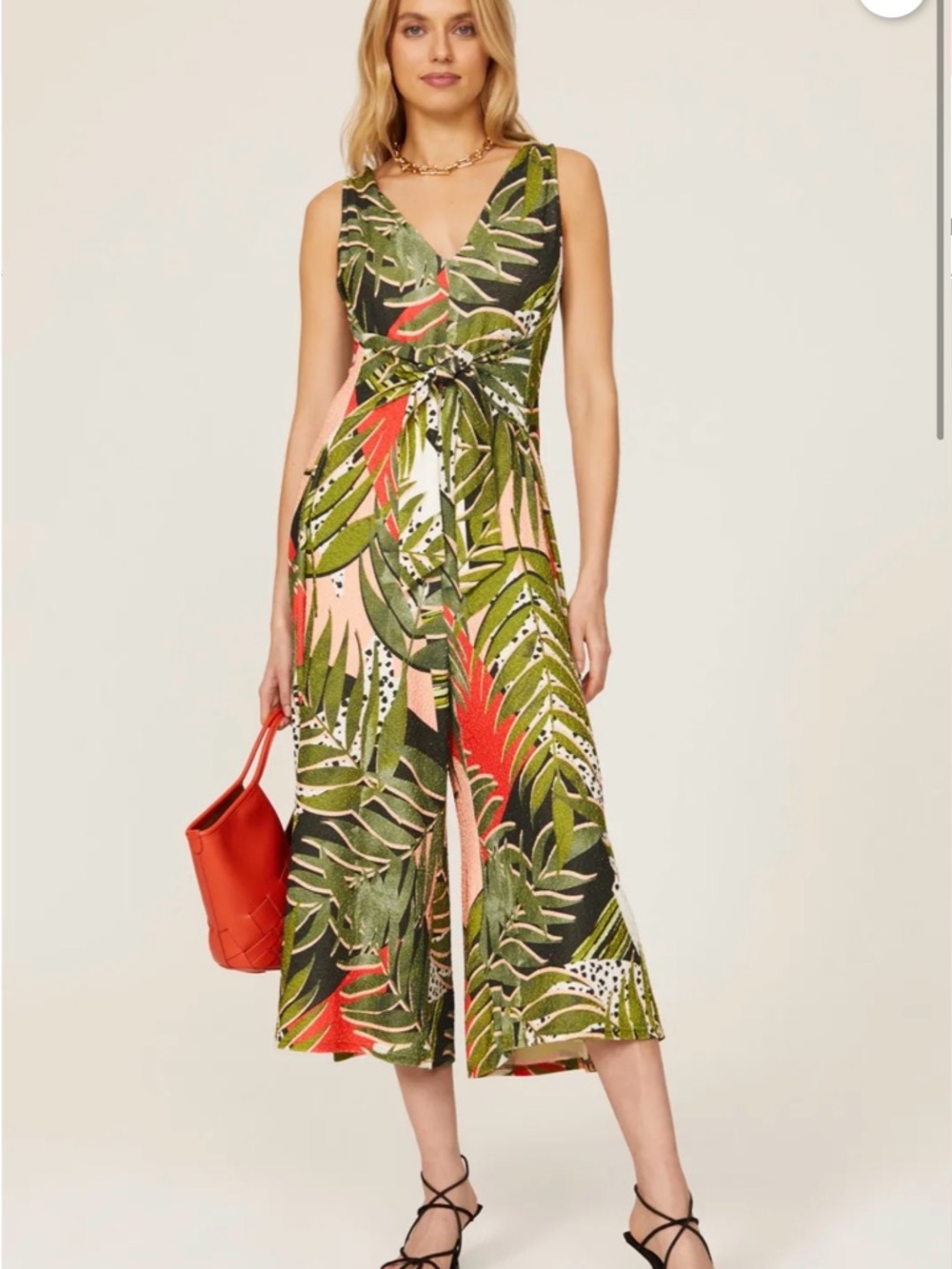 Slate & Willow Tropical V-Neck Tie-Waist Jumpsuit